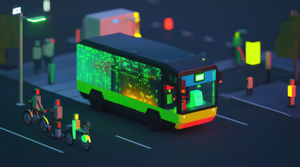 modern autonomous electric bus parked at green city intersection, showcasing vibrant lights and digital displays