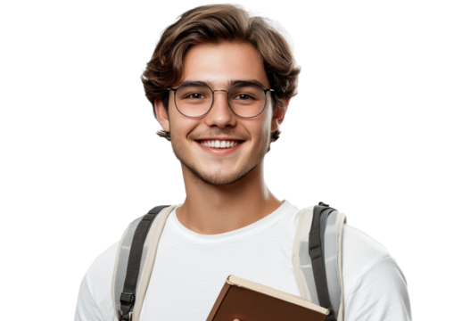 Smiling College Student with Backpack and Book