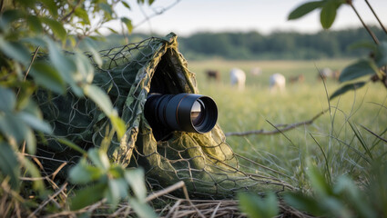 Obraz premium Wildlife photography hut hidden in foliage, camouflaged, lens protruding. Captures meticulous setup for photographing animals. Perfect for nature photography content.