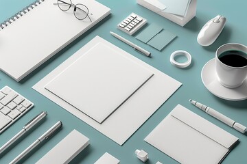 Modern white office supplies mockup on turquoise background. Business desk organization setup with notepad coffee mouse keyboard and glasses. Minimal workspace flat lay with copy space