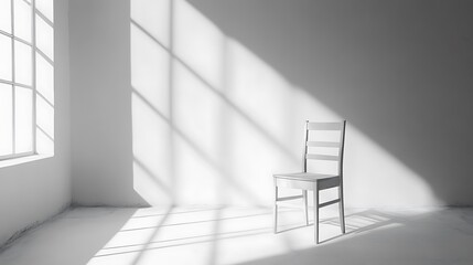 Obraz premium A solitary chair sits in a sunlit white room