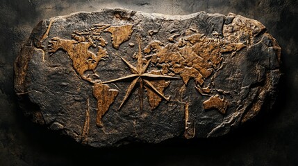 Engraved World Map on Dark Stone Texture with Golden Metallic Continents