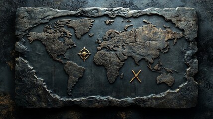 Textured dark stone world map with compass and treasure x mark art piece