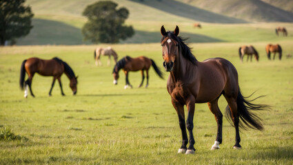 Obraz premium Wild horse standing in open meadow, muscular build and flowing mane highlighted by soft sunlight. Blurred background of grazing horses adds depth. Perfect for wildlife photography.