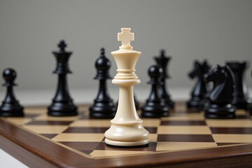 Strategic White Chess King Piece on Board Facing Black Opponents