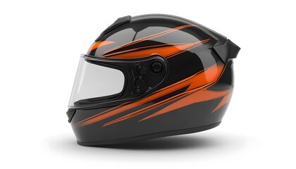Naklejka premium Black motorcycle helmet with orange stripes on a white background