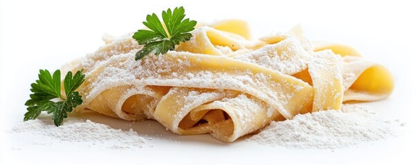 Elevate your culinary content with this exquisite image of Fresh Italian rolled fettuccine pasta dusted with flour and garnished with parsley, isolated on a white background This captivating shot