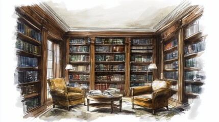 Obraz premium Watercolor Sketch of a Classic Library with Bookshelves, Armchairs and Coffee Table
