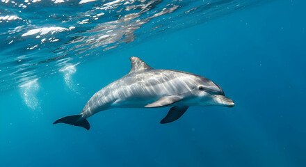 Dolphin Swimming Underwater in Clear Blue Ocean Waters Sunlight Reflections