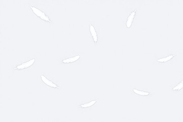 Group of white feathers flying light grey background black outline