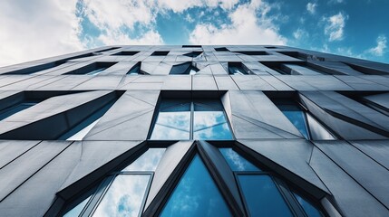 Modern Architecture Facade with Angular Windows Reflecting Cloudy Sky from Below