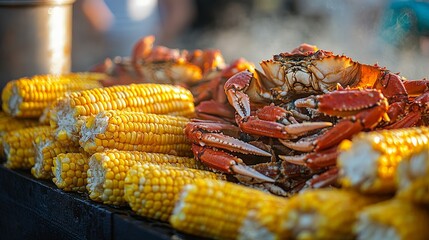 A vibrant display of steamed crabs and corn, showcasing a delicious seafood feast.
