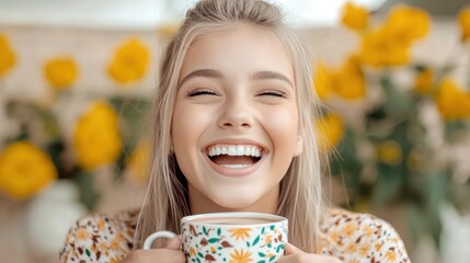 Experience pure joy and warmth in this heartwarming image featuring A young woman laughing while enjoying a cup of non-dairy hot chocolate made with almond milk, highlighting cozy moments She