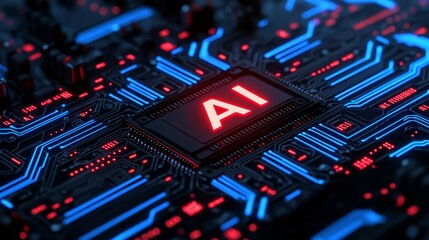 Fototapeta premium A close-up view of a circuit board with glowing blue and red lines, featuring the prominent 