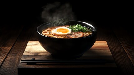 A steaming bowl of Japanese ramen with chashu pork, soft-boiled egg, and fresh toppings. Perfect for food blogs, ads, and culinary projects. Appetizing and vibrant