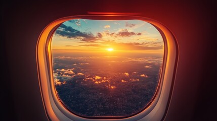 Beautiful scenic city view of sunset through the aircraft window