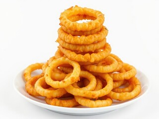 A pyramid of onion rings rising from a white plate, pyramidal shape, kitchen snack