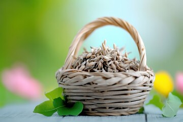 Obraz premium Explore the essence of wholesome living with this image of freshly harvested whole grain stalks in a rustic basket, symbolizing sustainability and nutrition Discover the nutritional bounty of