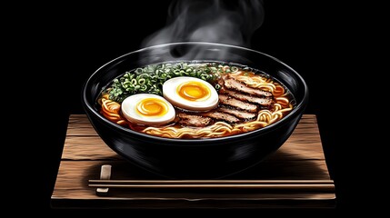 A steaming bowl of Japanese ramen with chashu pork, soft-boiled egg, and fresh toppings. Perfect for food blogs, ads, and culinary projects. Appetizing and vibrant