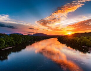 Obraz premium A wide river reflecting the colors of the sunset 