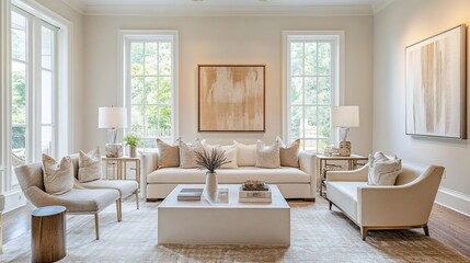 Fototapeta premium Elegant living room with neutral tones featuring a sofa armchairs and abstract art