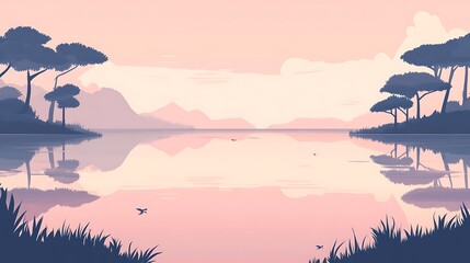 Serene Sunset Landscape Over Calm Lake With Trees