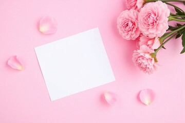 Flat lay pink background pink carnations scattered petals