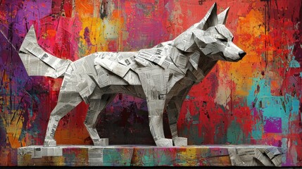 Ultra-detailed folded newspaper dog sculpture, set against a colorful abstract background, vibrant artistic lighting, deep textures