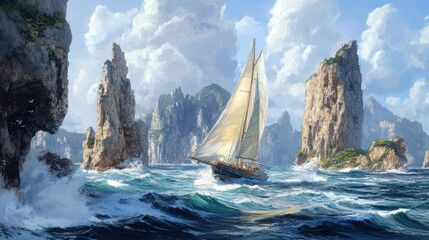 Serene Sailboat Navigation Through Majestic Rocky Seascape