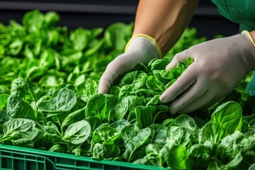 Gloved hands carefully inspect vibrant spinach, a testament to meticulous food production This image showcases quality control at its finest, where a worker ensures only the freshest greens make the
