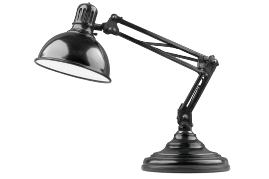 A black desk lamp with an adjustable arm for focused lighting.