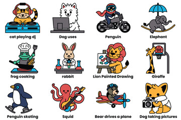 Set of illustrations in the concept of animals doing various activities in line art style