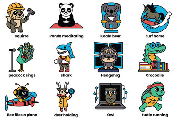 Set of illustrations in the concept of animals doing various activities in line art style