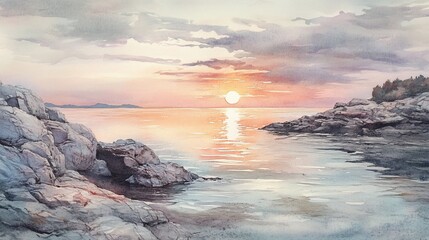 Watercolor painting of a serene coastal sunset with rocky shores and a calm sea reflecting light