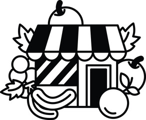 cartoon drawing of a fruit stand with an awning