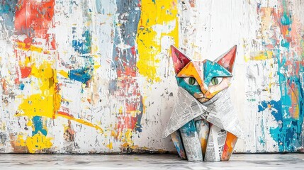 Vibrant abstract background behind a folded newspaper cat sculpture, close-up portrait photography, deep textures, stunning realism