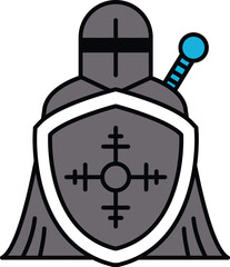A knight is standing in front of a shield with a cross on it