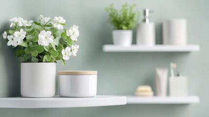 Minimalist bathroom with floating shelves and minimal decor, interior, practical and modern, 3D render