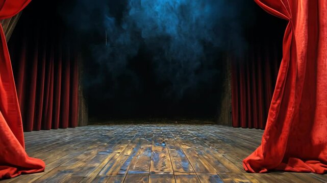 Dramatic theater stage with red curtains and smoky ambiance creates a captivating atmosphere for performance