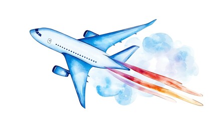 Naklejka premium Watercolor Airplane in Flight Leaving a Colorful Trail