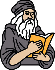 A man with a beard and long hair is holding a book