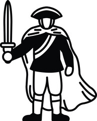 man in a coat and black pants holding a sword