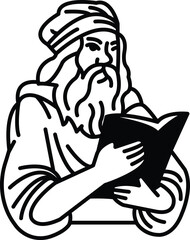 man with a beard and long hair is holding a book
