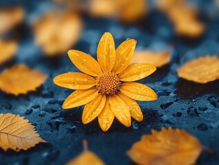 Vibrant yellow flower surrounded by fallen leaves nature scene macro photography rainy environment close-up view