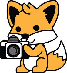 A cartoon fox is holding a camera and smiling