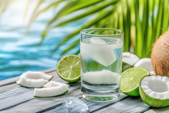 Quench your thirst and revitalize your body with refreshing coconut water in a glass, a natural elixir for ultimate hydration and wellness Escape to a tropical paradise with this captivating image
