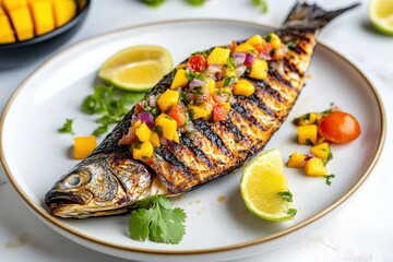 Savor the Flavors Indulge in A rustic plate of grilled fish, topped with a vibrant mango salsa and garnished with cilantro This mouthwatering culinary creation features perfectly grilled fish
