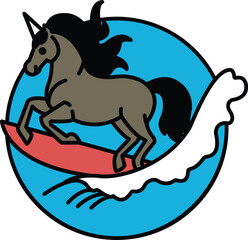 A horse is riding a surfboard on a wave
