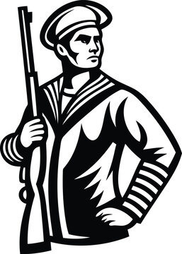 recommend clip art: A man in a sailor's uniform with gun silhouette vector illustration, a man in a sailor's uniform with gun line art vector icon design