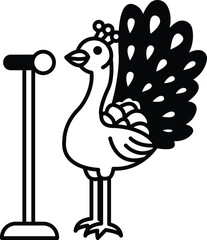 cartoon peacock stands next to a microphone